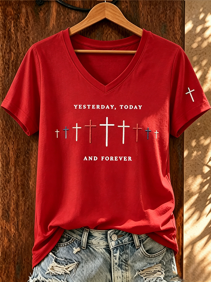 American Faith Jesus Cross Commemorative Print V-Neck T-Shirt