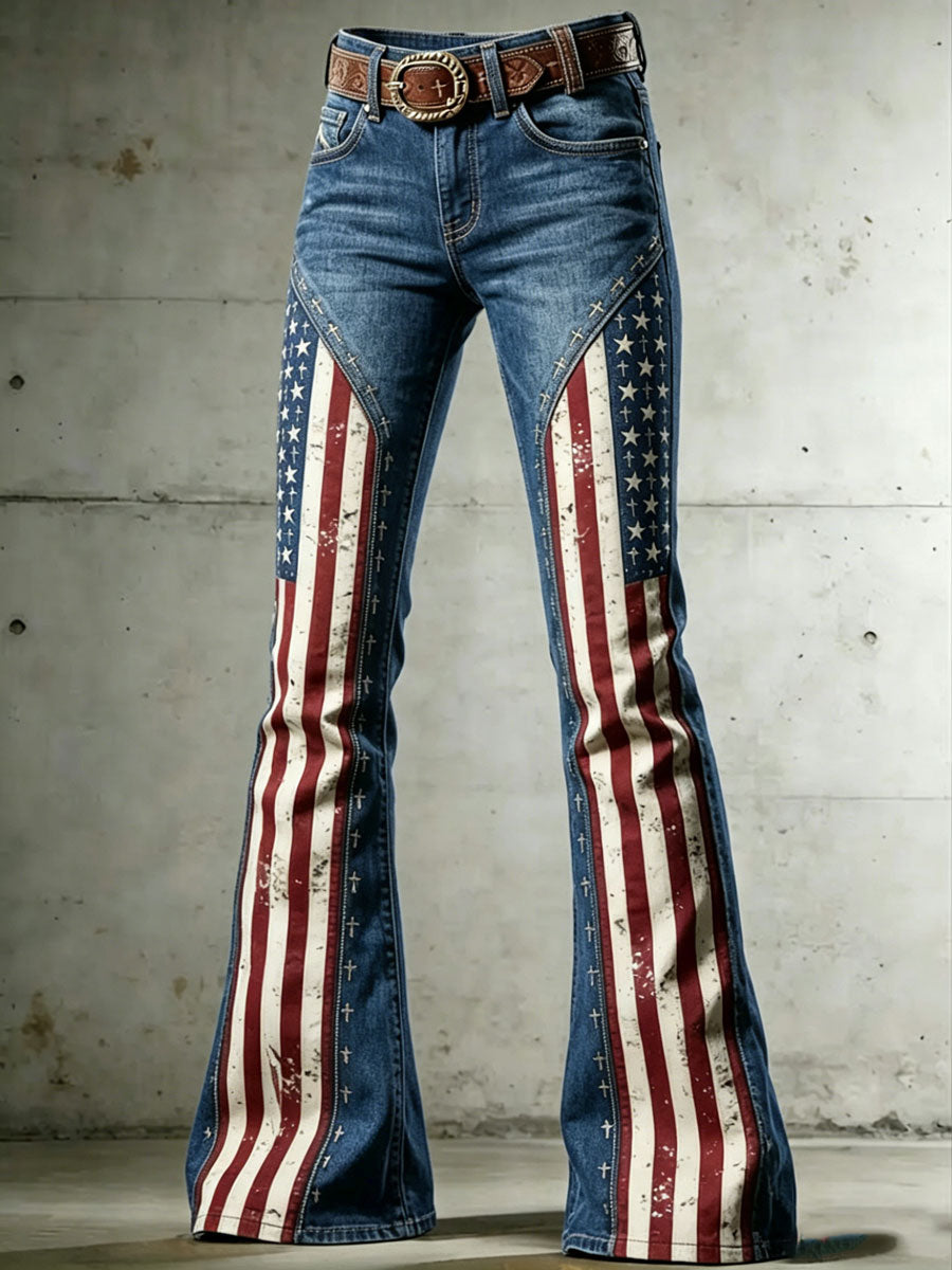 Ladies' American Flag Pattern Cross Printed Trumpet Pants