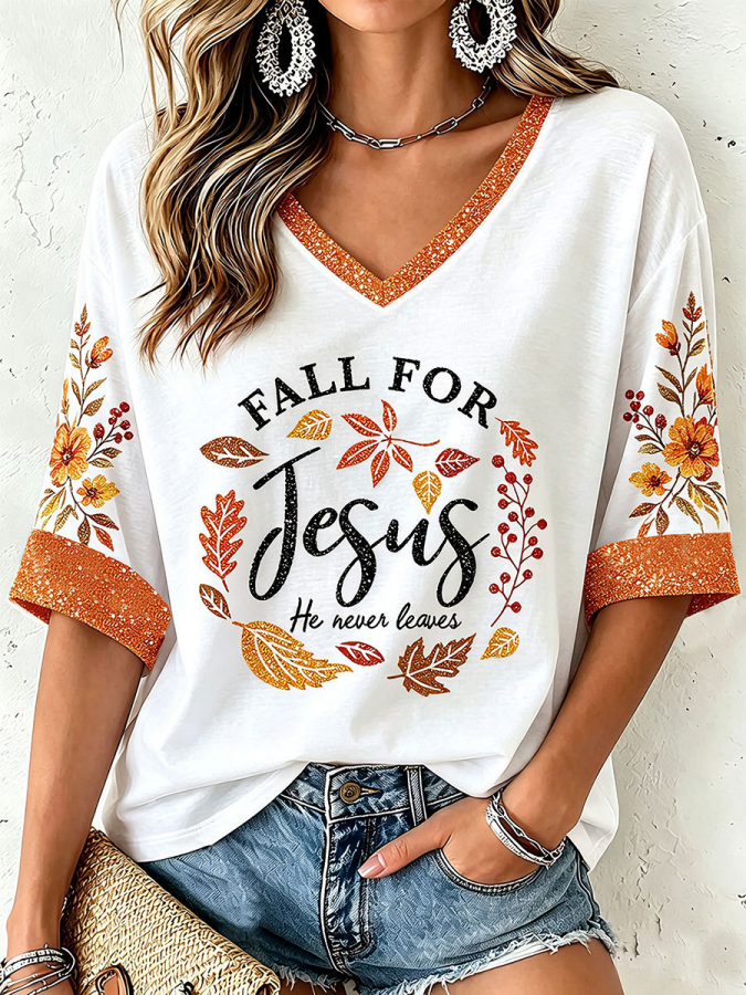 Women'S Fall For Jesus He Never Leaves T-Shirt