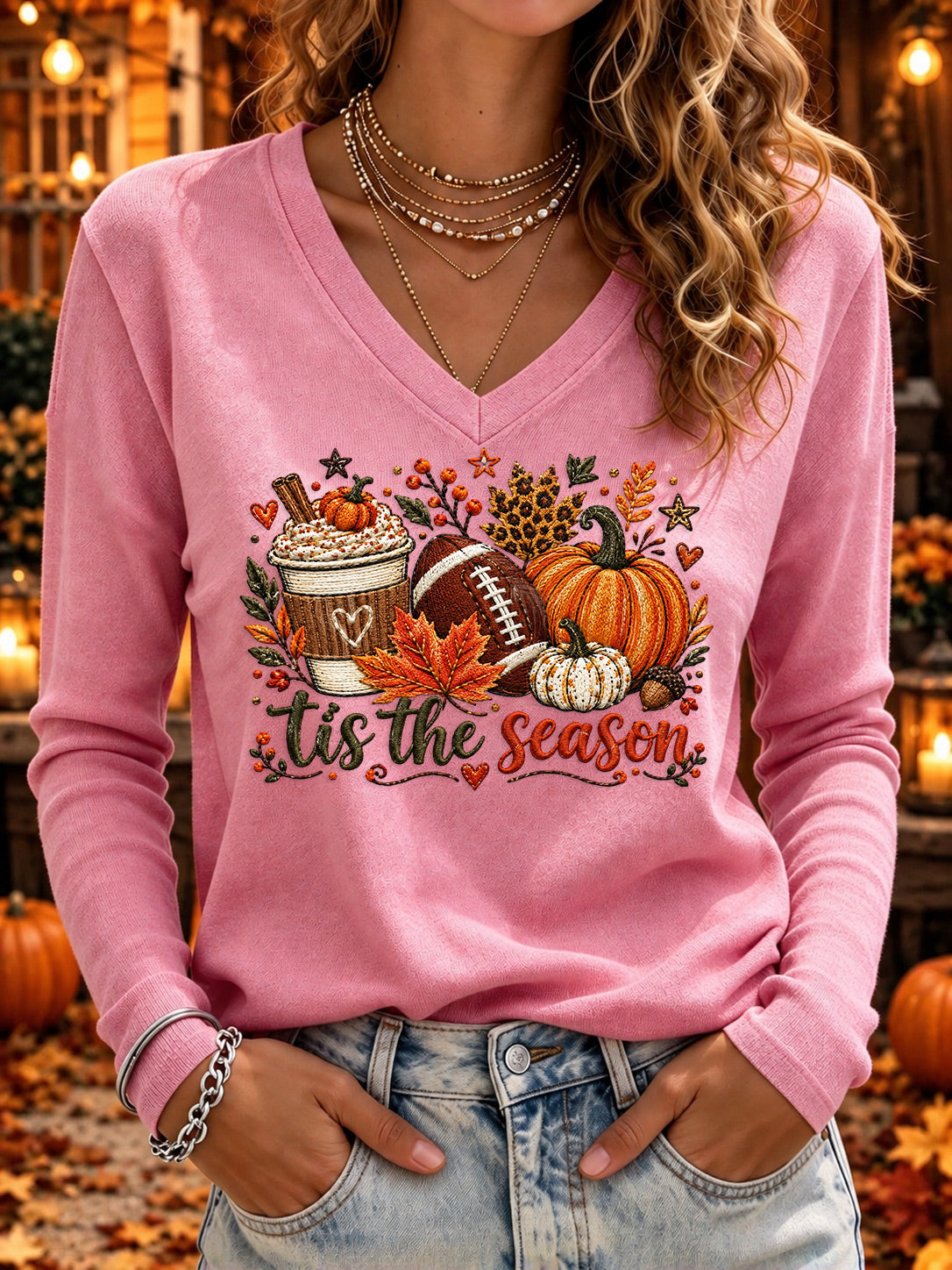Women'S Casual Long Sleeved V-Neck T-Shirt