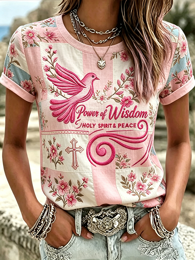 Women's Holy Spirit Peace Dove Cross Floral Embroidered T-Shirt