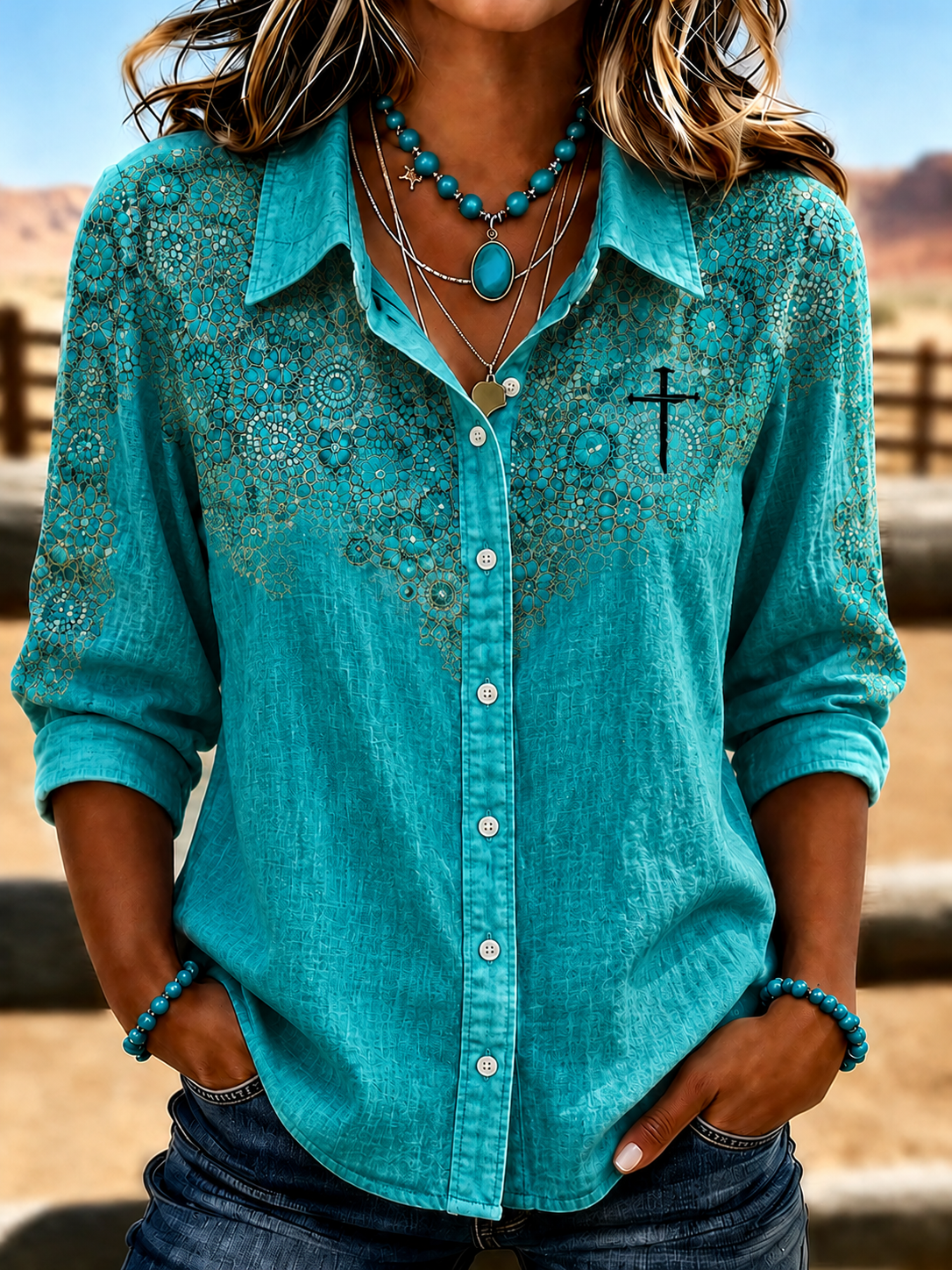 Women's Casual Western Green Agate Printed Shirt