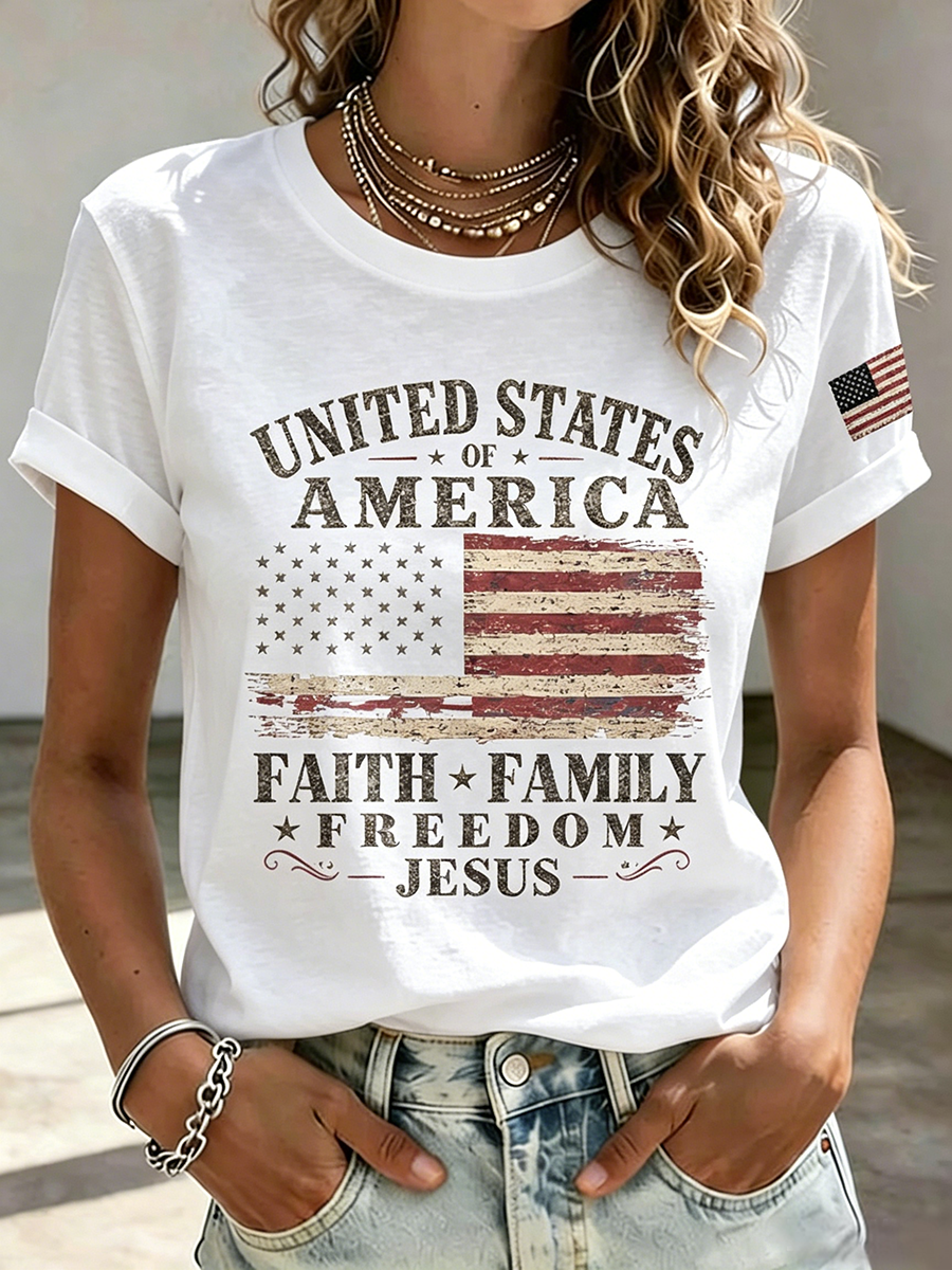 American Flag Jesus Faith Commemorative Print Round Neck T-Shirt