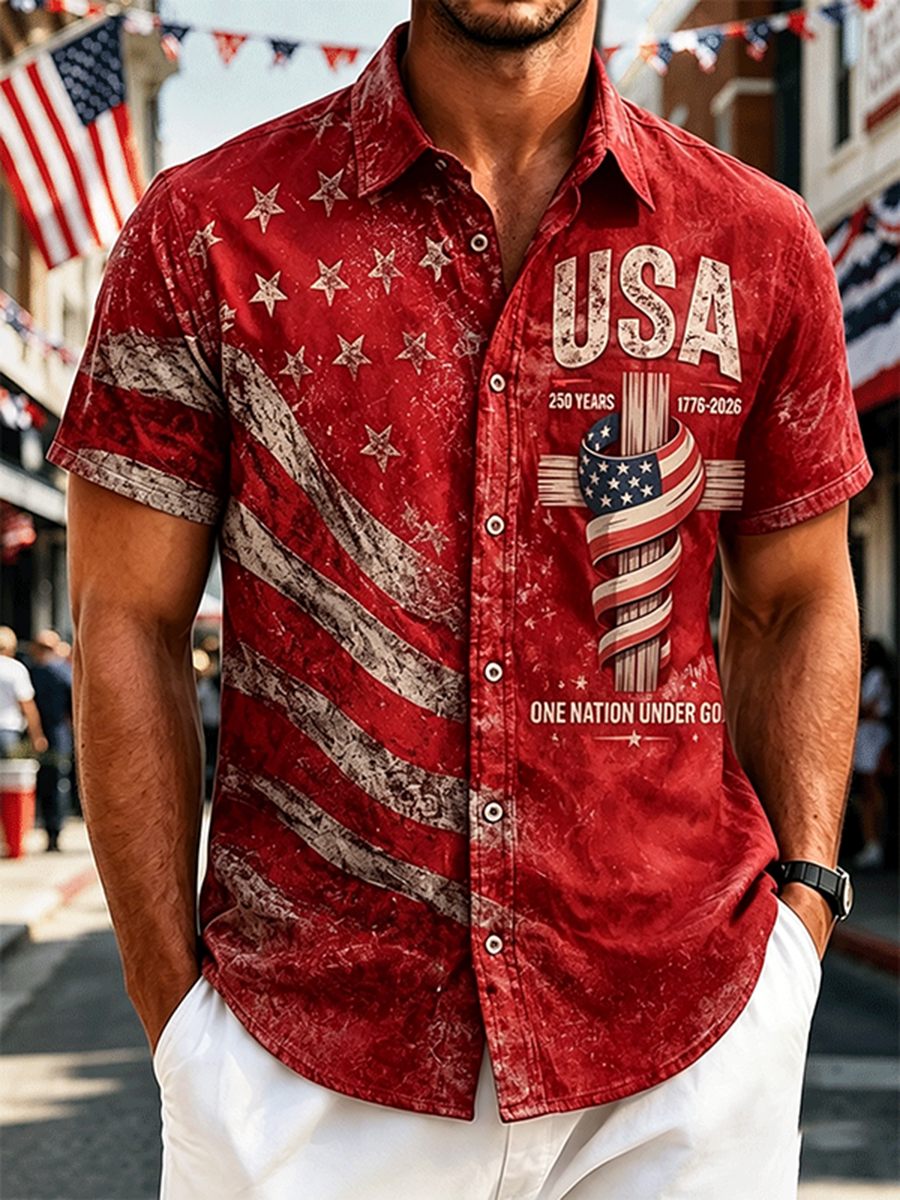 Vintage Distressed USA Flag Cross One Nation Under God Short Sleeve Button Down Shirt For Men