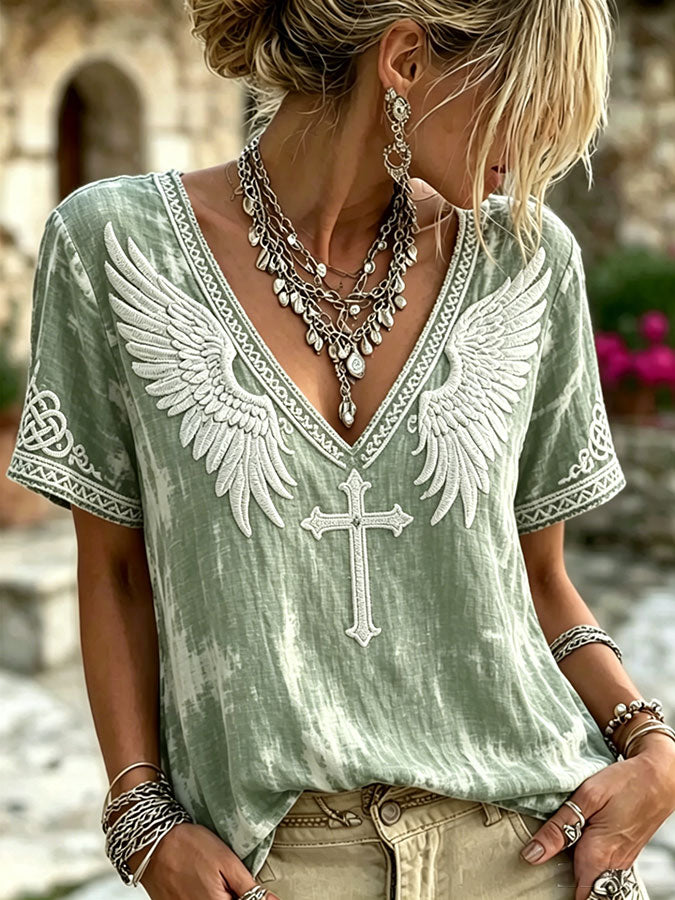 Boho Faith Cross Art Linen Blend V-Neck Short Sleeve Shirt