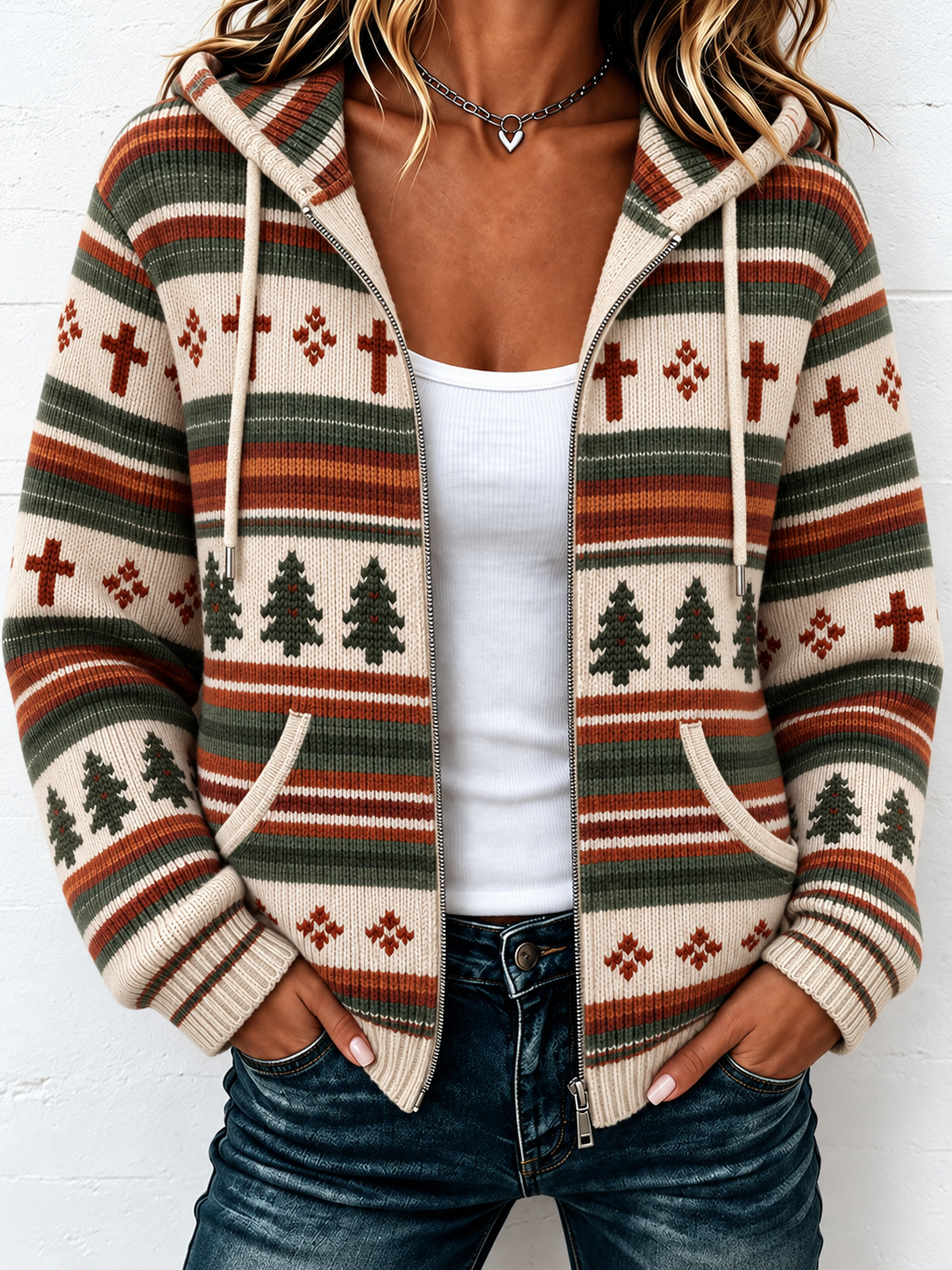 Women'S Casual Striped Faith Hooded Zipper Jacket