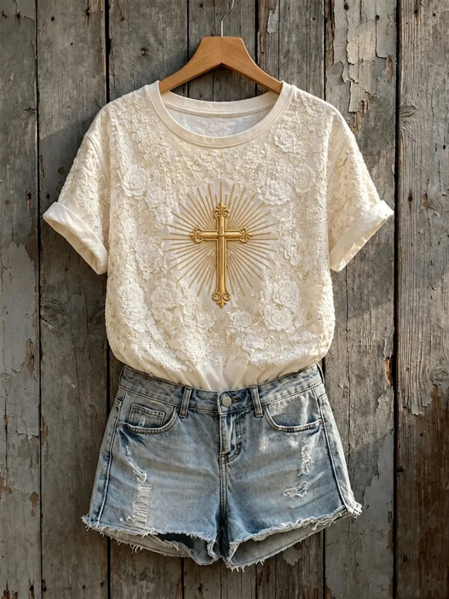 Women's Faith Art Floral Cross Print Short-Sleeved T-Shirt