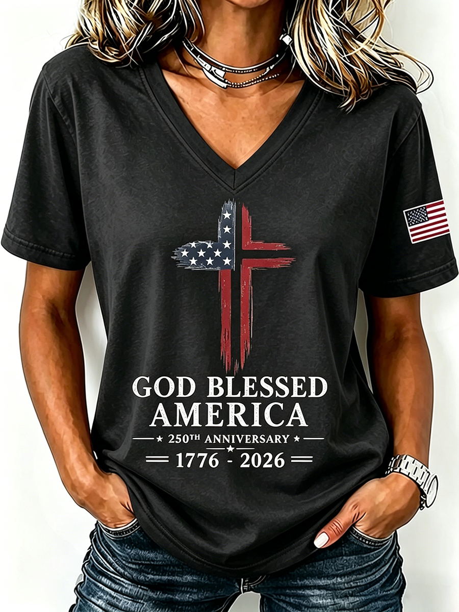 God Blessed America Commemorative Print V-Neck T-Shirt