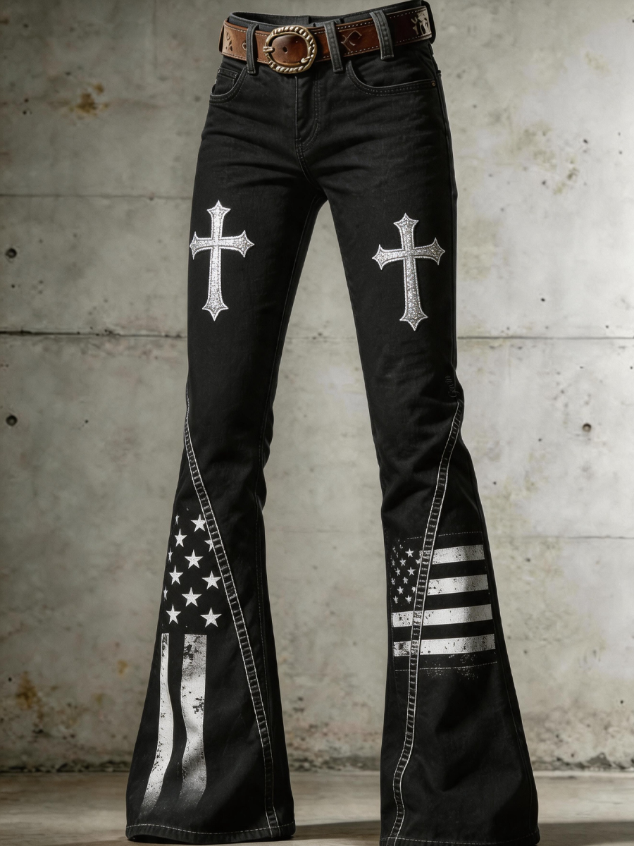 Women'S Retro Faith Cross Art Print Flared Trousers
