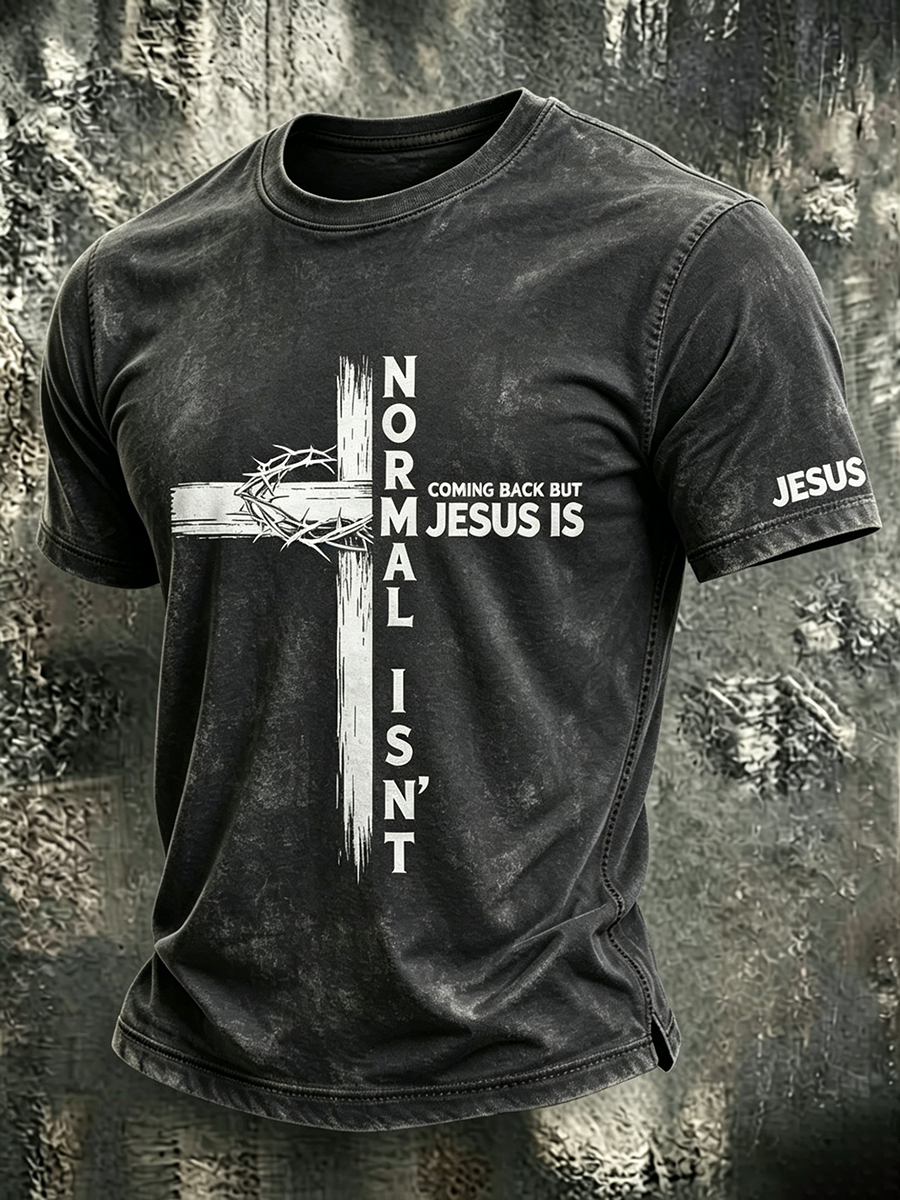 Religious Belief Jesus Cross Print Round Neck Washed Top