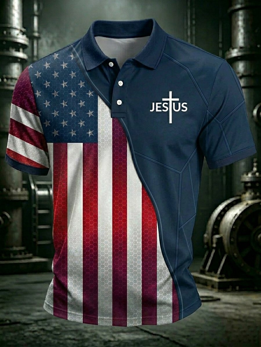Men's American Flag Faith Art Short-Sleeve Polo Shirt