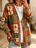 Women'S Orange Maple Leaf Printed Casual Cardigan