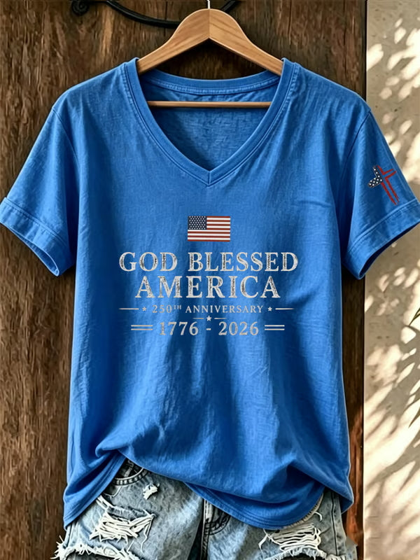 God Bless The United States Commemorative Print V-Neck T-Shirt