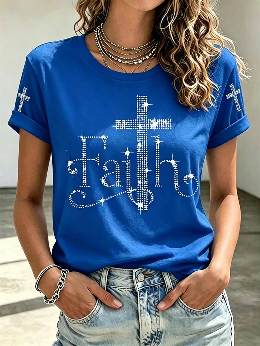 Jesus Faith Sequin Commemorative Print Round Neck Top