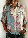 Women's Floral Faith Print Long Sleeved Linen Shirt