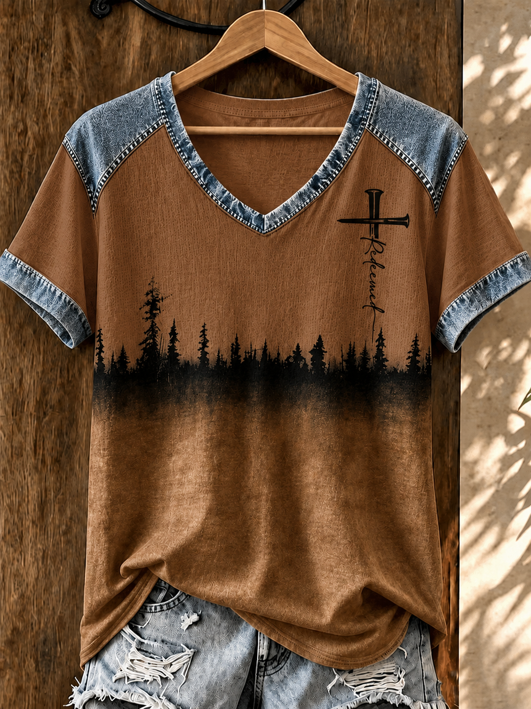 Women'S Retro Western Faith Printed V-Neck T-Shirt