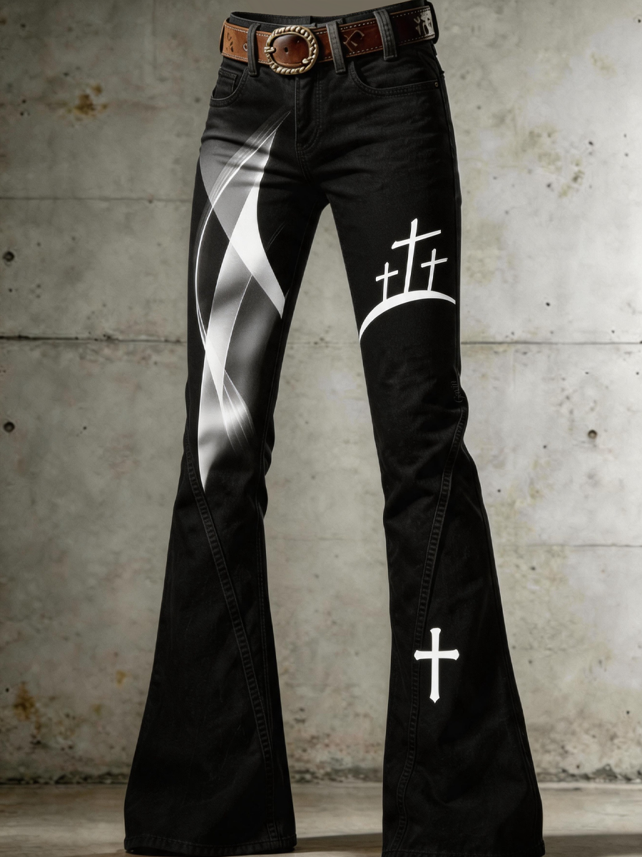 Women'S Retro Faith Cross Art Print Flared Trousers