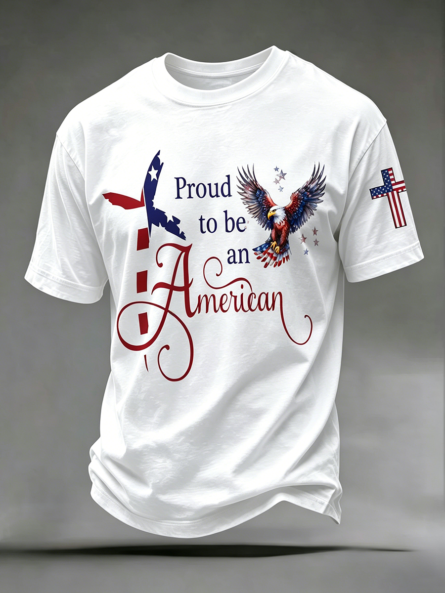 American Faith Cross Slogan Commemorative Print Round Neck T-Shirt