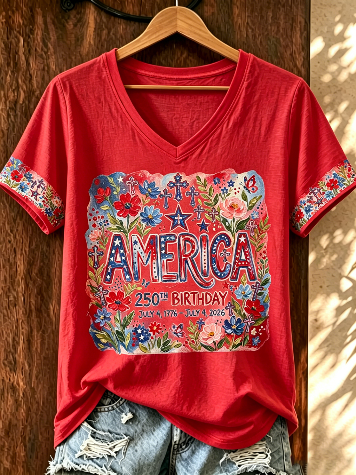 Women's 250th Anniversary Flower Printed Casual Short Sleeve in the United States
