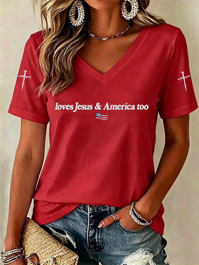 Women'S Love Jesus And America Too Print Printed T-Shirt