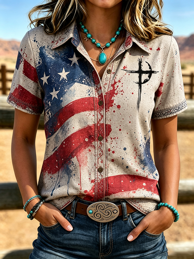 Women'S Retro Western Cross Short Sleeved T-Shirt