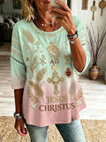 Women's Religious Beliefs Vintage Ethnic Floral Art Print Casual Round Neck Cutout Top