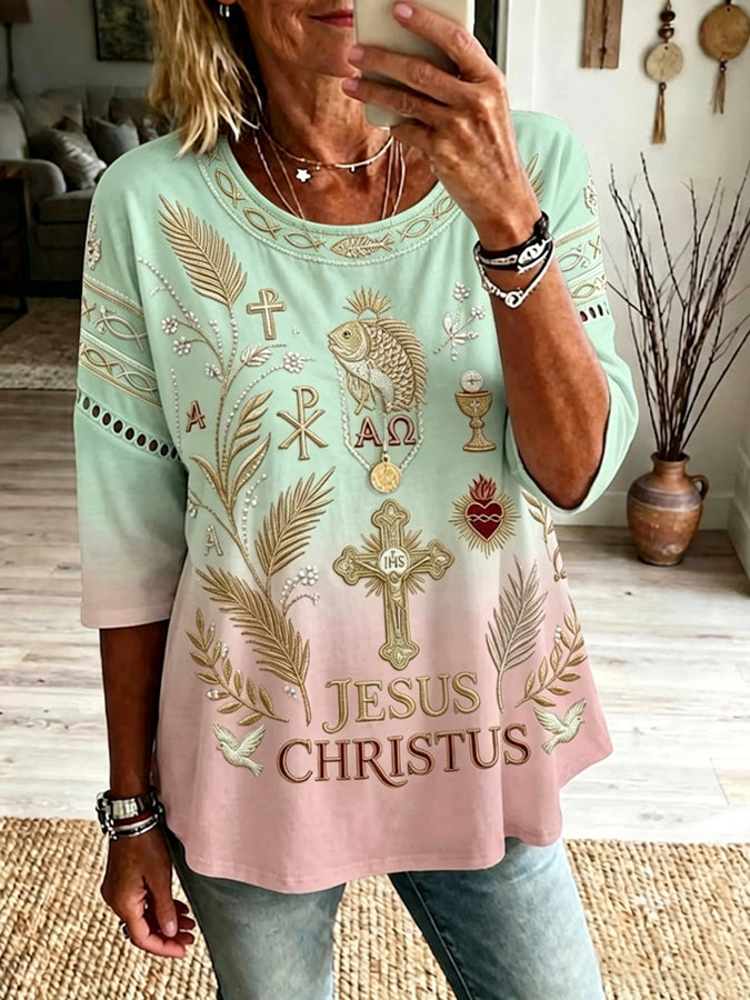 Women's Religious Beliefs Vintage Ethnic Floral Art Print Casual Round Neck Cutout Top