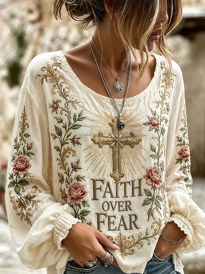 Women's Religious Faith Floral Art Print T-Shirt
