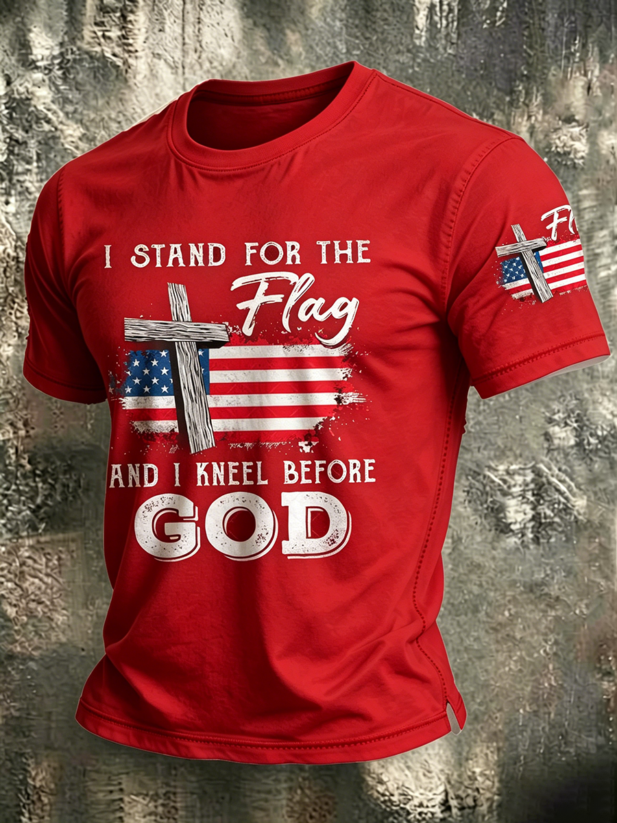 American Faith Cross Slogan Commemorative Print Round Neck T-Shirt