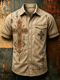 Men's Southwest Aztec Cross Embroidery Vintage Western Short Sleeve Shirt