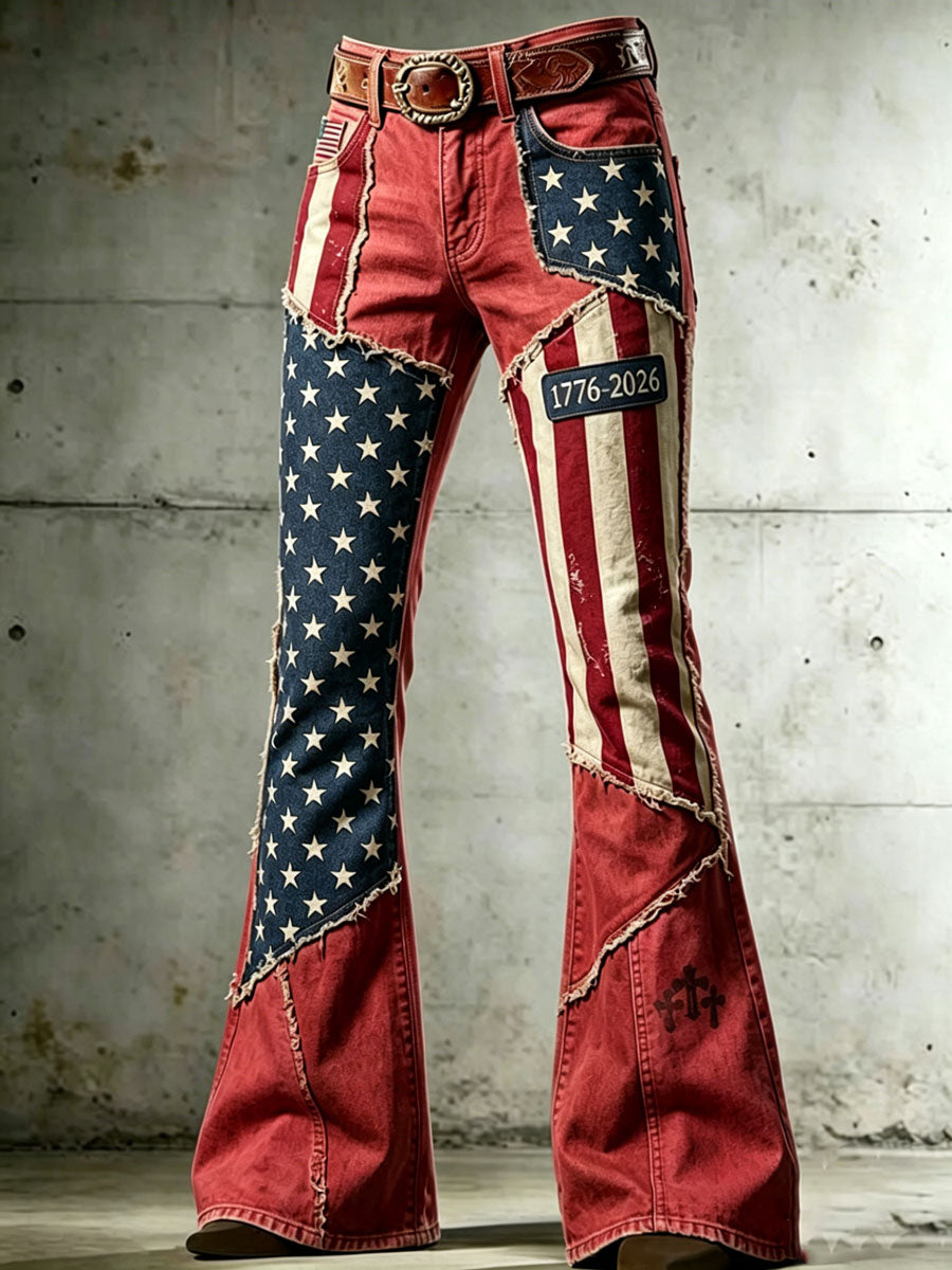 Ladies' American Flag Pattern Cross Printed Trumpet Pants