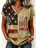 Women'S America Flag Print Casual V-Neck T-Shirt