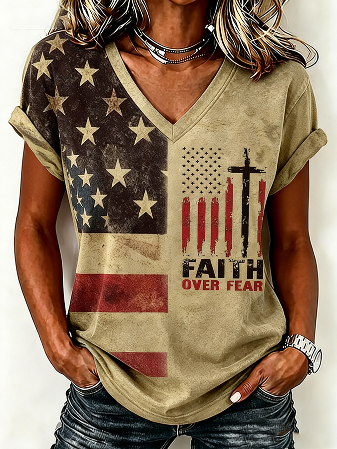 Women'S America Flag Print Casual V-Neck T-Shirt