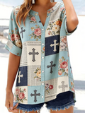 Women'S Retro Casual Floral Cross Art Print Short-Sleeve Shirt