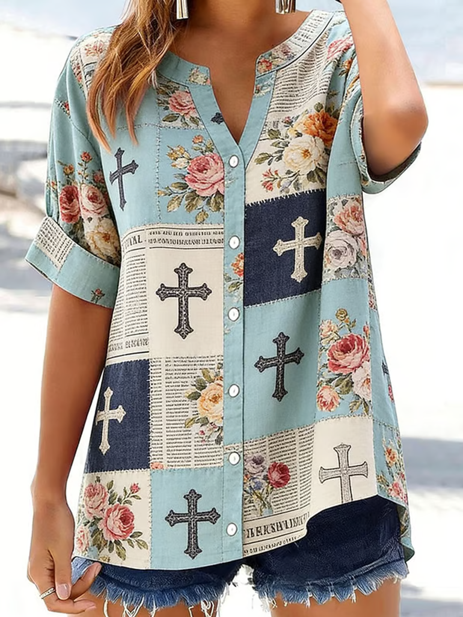 Women'S Retro Casual Floral Cross Art Print Short-Sleeve Shirt