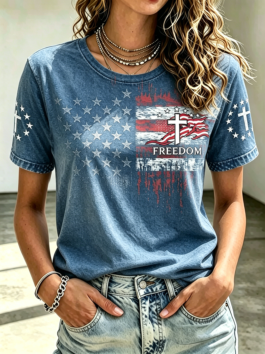American Flag Faith Cross Commemorative Print Round Neck T-Shirt