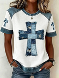 Women'S Casual Cross Printed Waffle T-Shirt