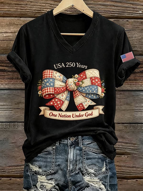 250 Years Of God Under One Country Printed V-Neck T-Shirt For American Women