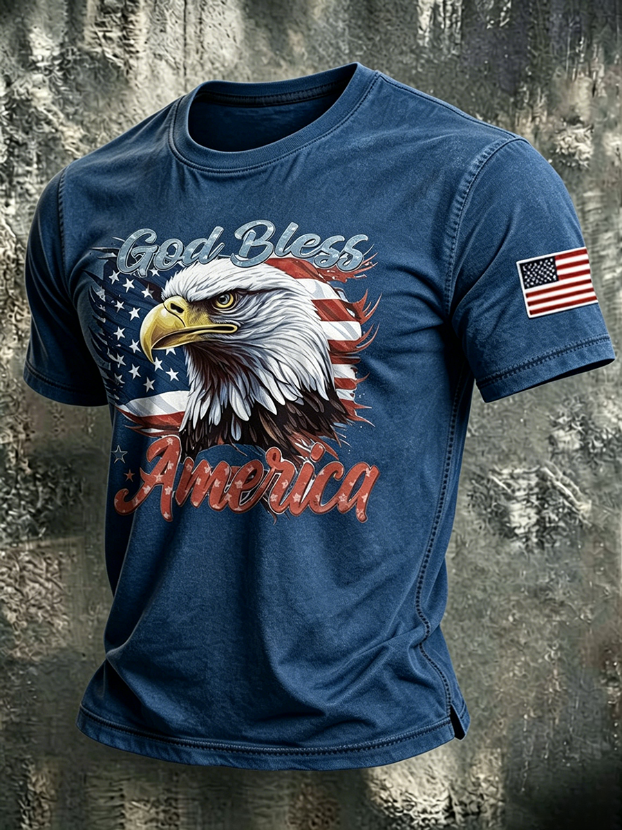 God Bles America Eagle Faith Commemorative Printed Round Neck T-Shirt