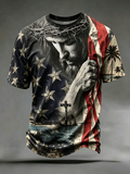 American Flag Faith Cross Commemorative Print Round Neck T-Shirt