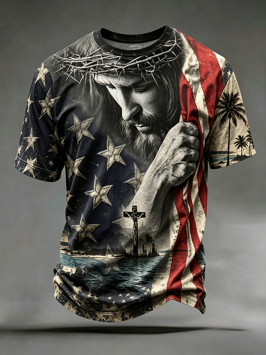 American Flag Faith Cross Commemorative Print Round Neck T-Shirt