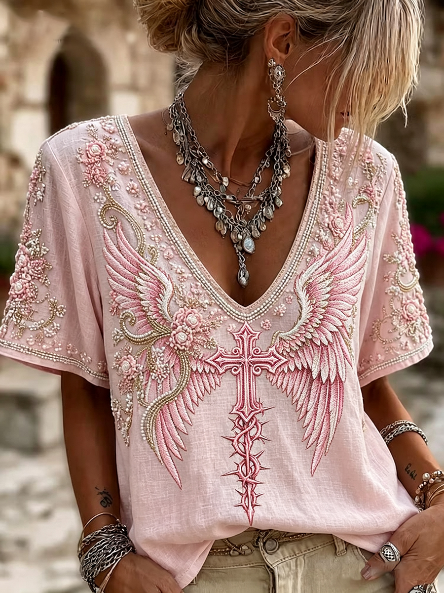 Women's Floral Faith V-Neck Short Sleeved Top
