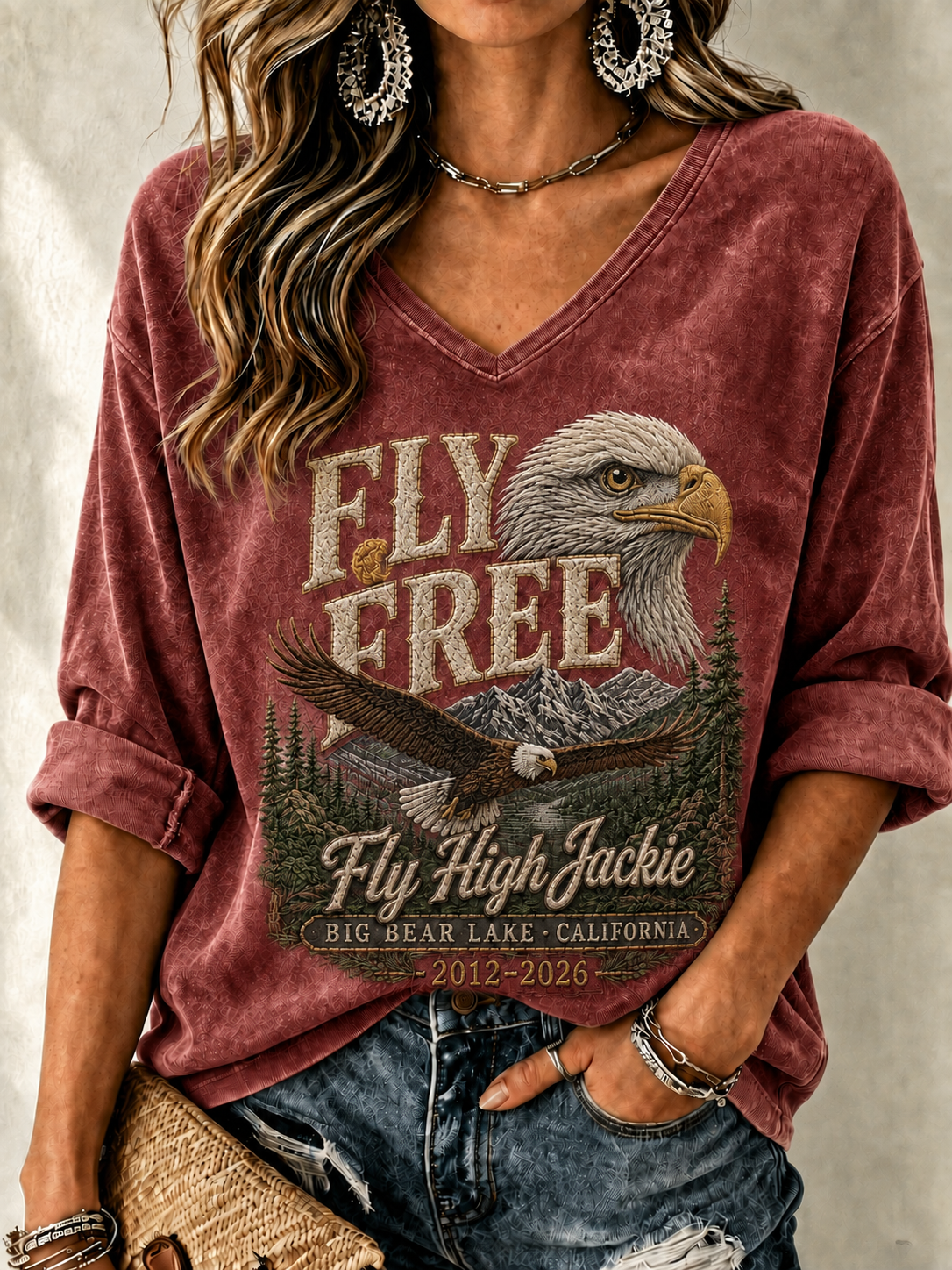 Women's V-Neck Retro Forever Free Printed T-shirt