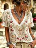 Faith Cross Embroidered Printed Cotton And Hemp Top