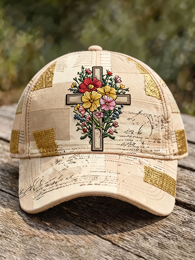 Cross Floral Embroidered Patchwork Christian Baseball Cap