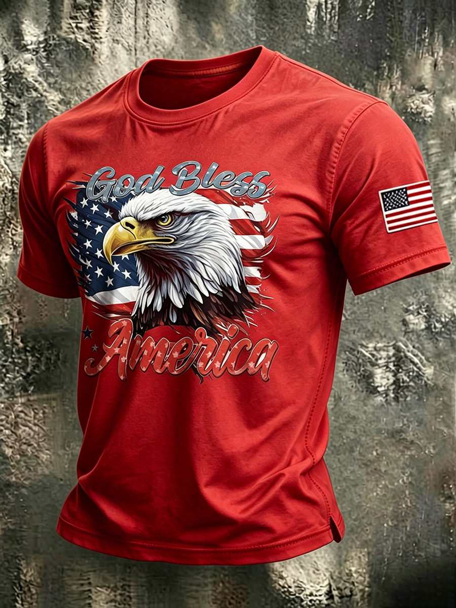 God Bles America Eagle Faith Commemorative Printed Round Neck T-Shirt