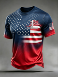 American Flag Faith Cross Slogan Commemorative Gradient Print Round Neck T-Shirt
