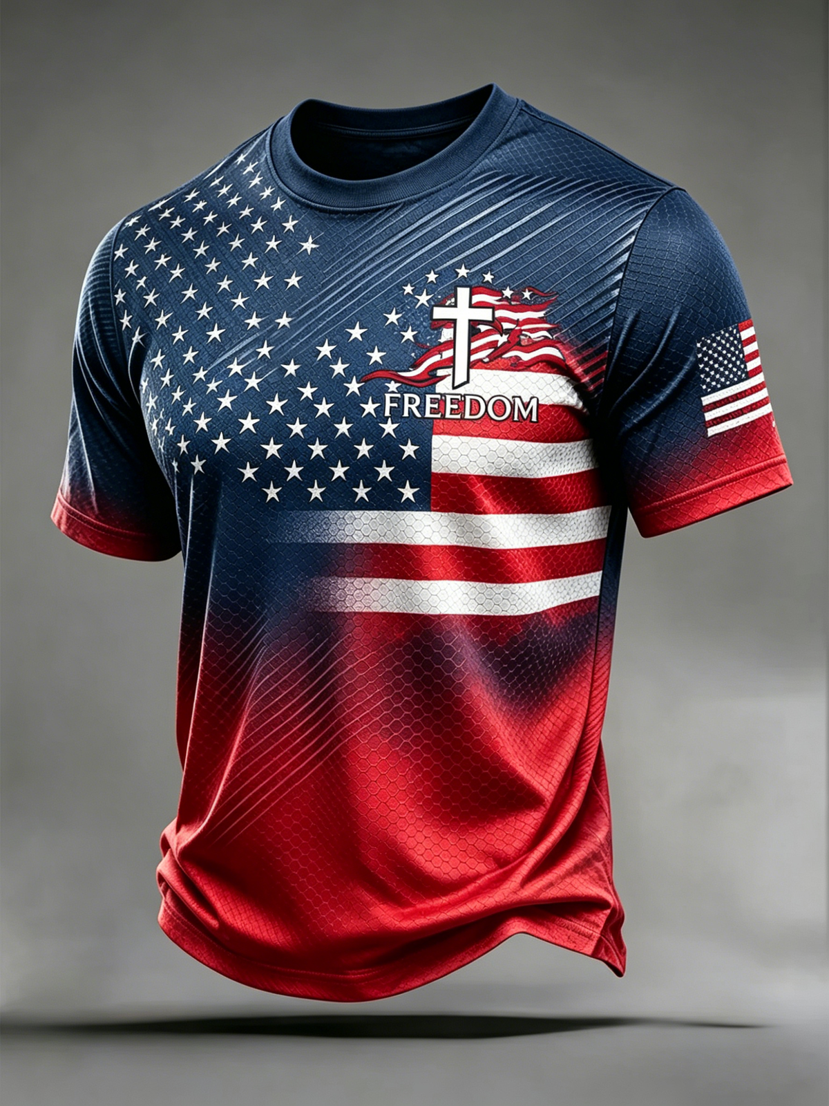 American Flag Faith Cross Slogan Commemorative Gradient Print Round Neck T-Shirt