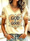 Women's God Is Good All The Time Plaid Print Casual V-Neck Tee