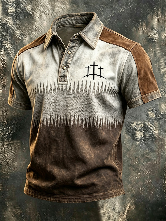 Men'S Western Cross Print Polo Shirt